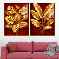 Golden Monstera and Banana Leaves Acrylic Floating Wall Painting Set of 2