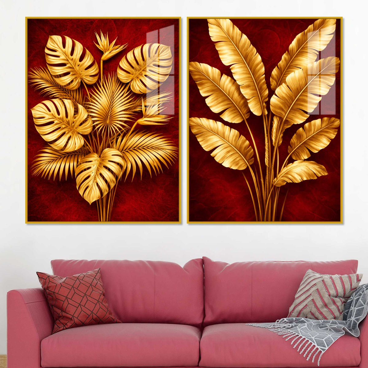 Golden Monstera and Banana Leaves Acrylic Floating Wall Painting Set of 2