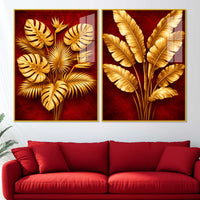 Golden Monstera and Banana Leaves Acrylic Floating Wall Painting Set of 2