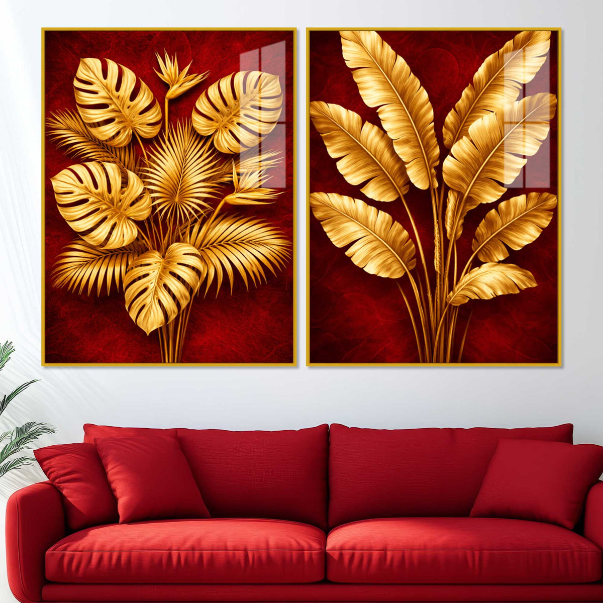 Golden Monstera and Banana Leaves Acrylic Floating Wall Painting Set of 2