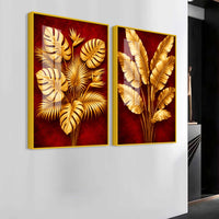 Golden Monstera and Banana Leaves Acrylic Floating Wall Painting Set of 2
