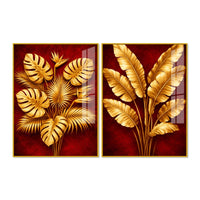 Golden Monstera and Banana Leaves Acrylic Floating Wall Painting Set of 2