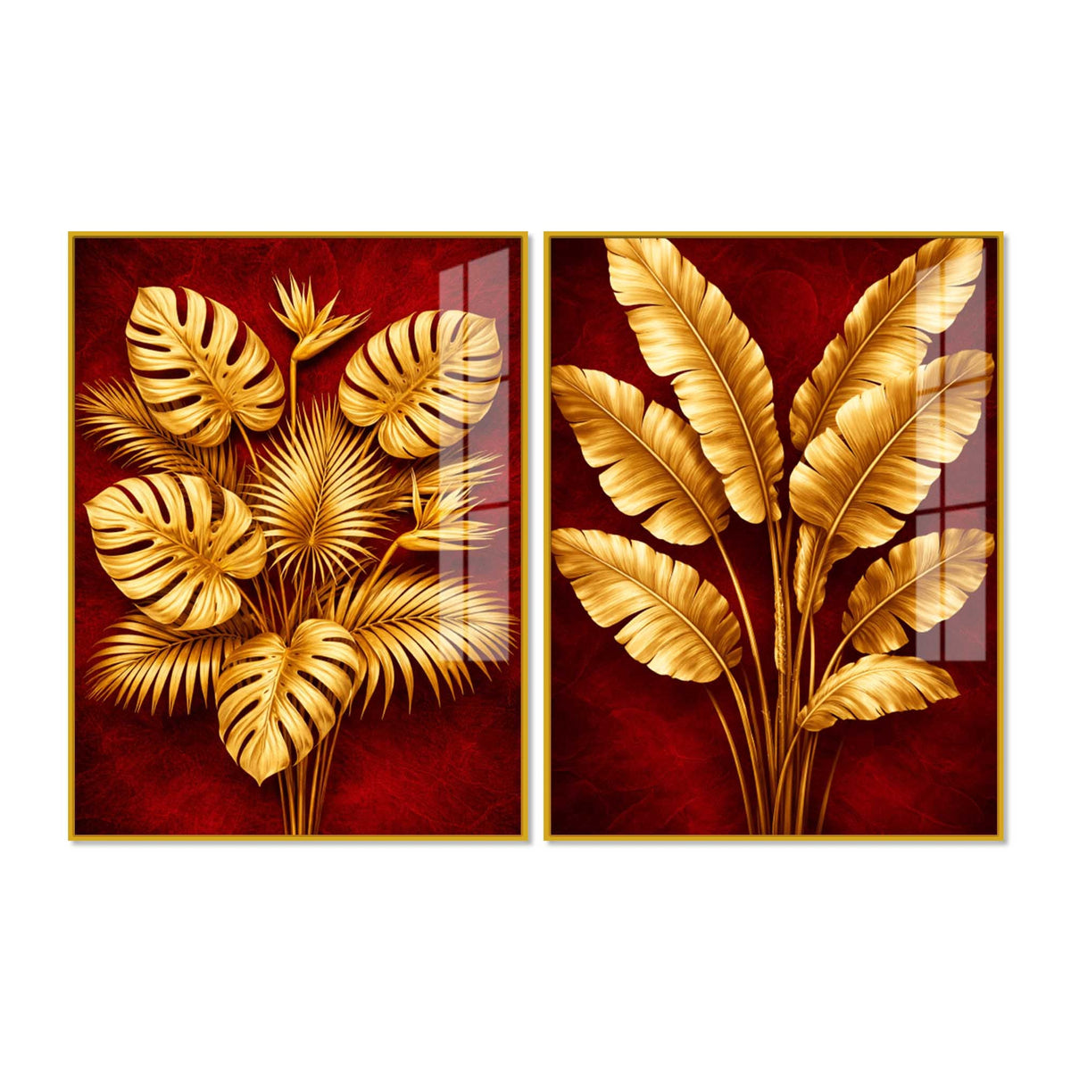 Golden Monstera and Banana Leaves Acrylic Floating Wall Painting Set of 2
