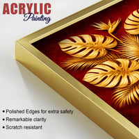 Golden Monstera and Banana Leaves Acrylic Floating Wall Painting Set of 2