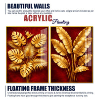 Golden Monstera and Banana Leaves Acrylic Floating Wall Painting Set of 2