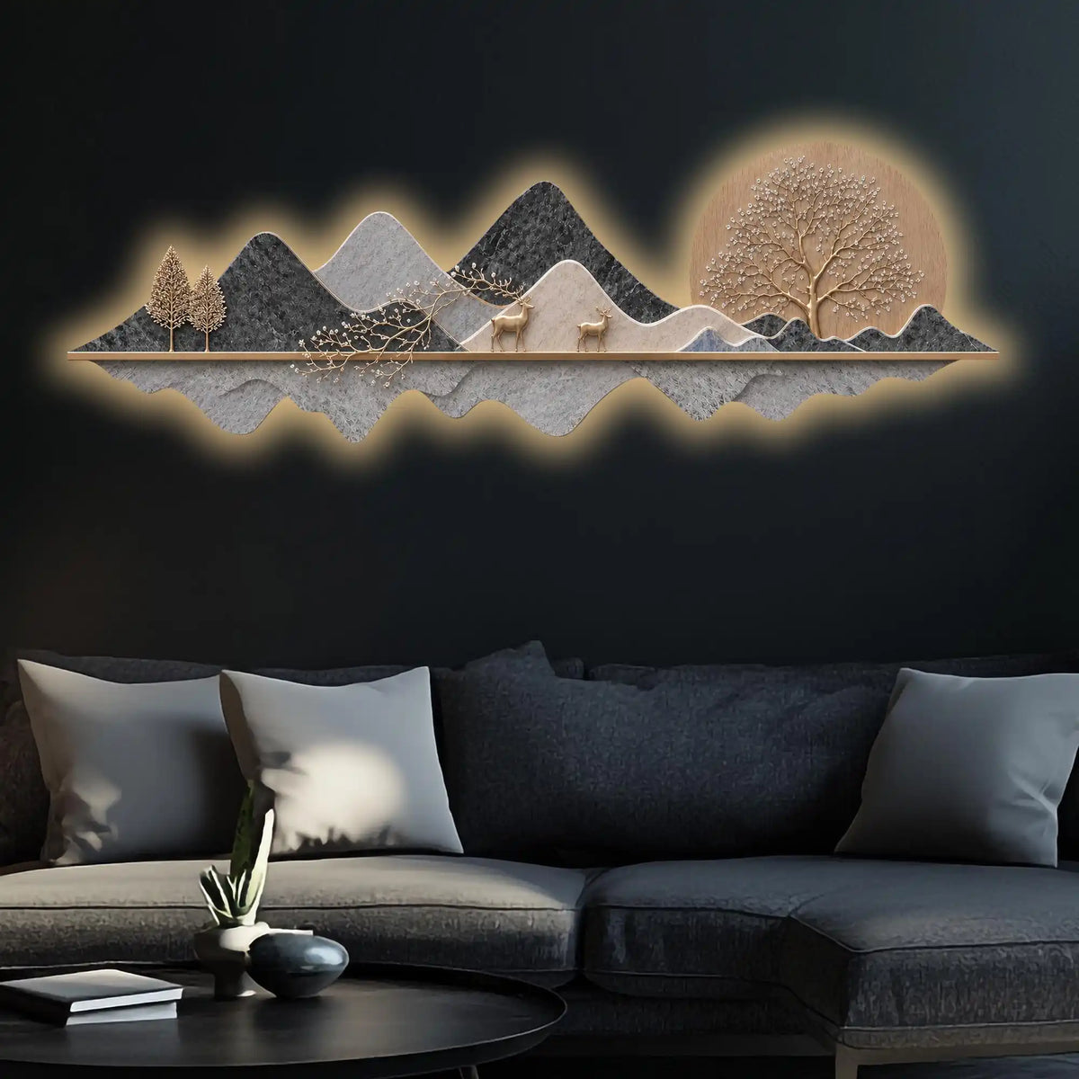 Golden Deer Moon Valley Premium Crystal Glass Backlit LED Wall Art