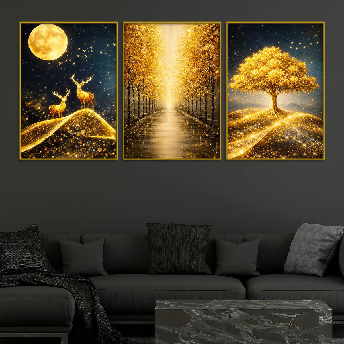Golden Moon Deer Tree & Forest Path Floating Frame Crystal Wall Painting Set of 3