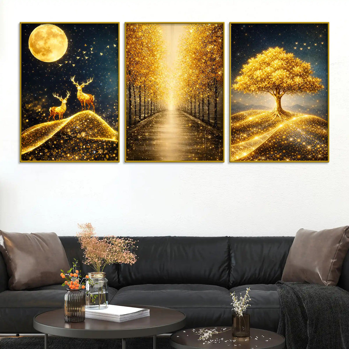 Golden Moon Deer Tree & Forest Path Floating Frame Crystal Wall Painting Set of 3