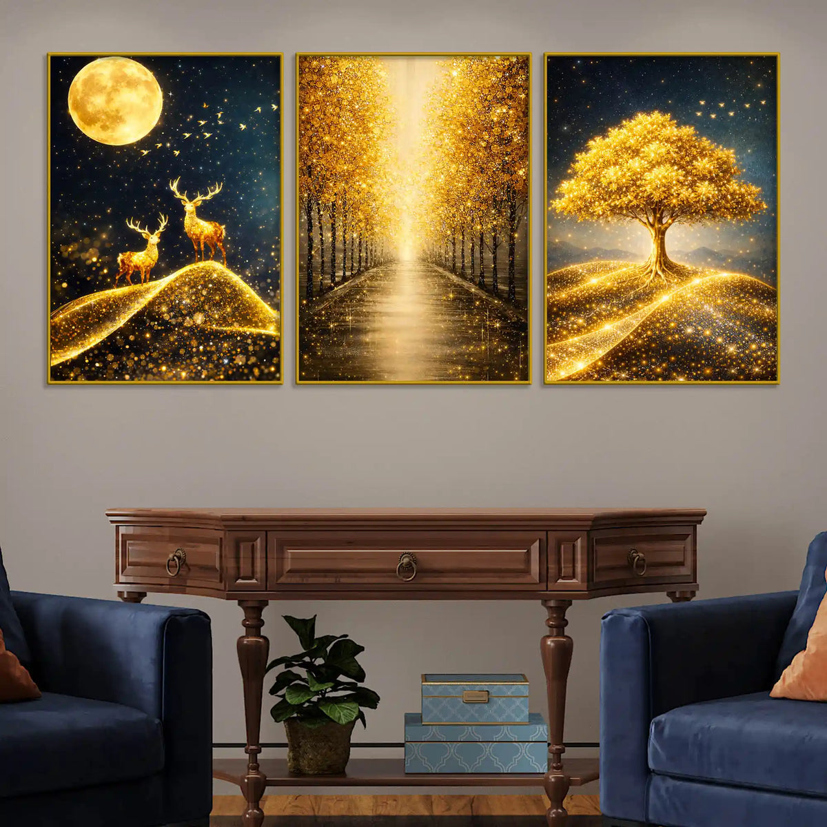 Golden Moon Deer Tree & Forest Path Floating Frame Crystal Wall Painting Set of 3