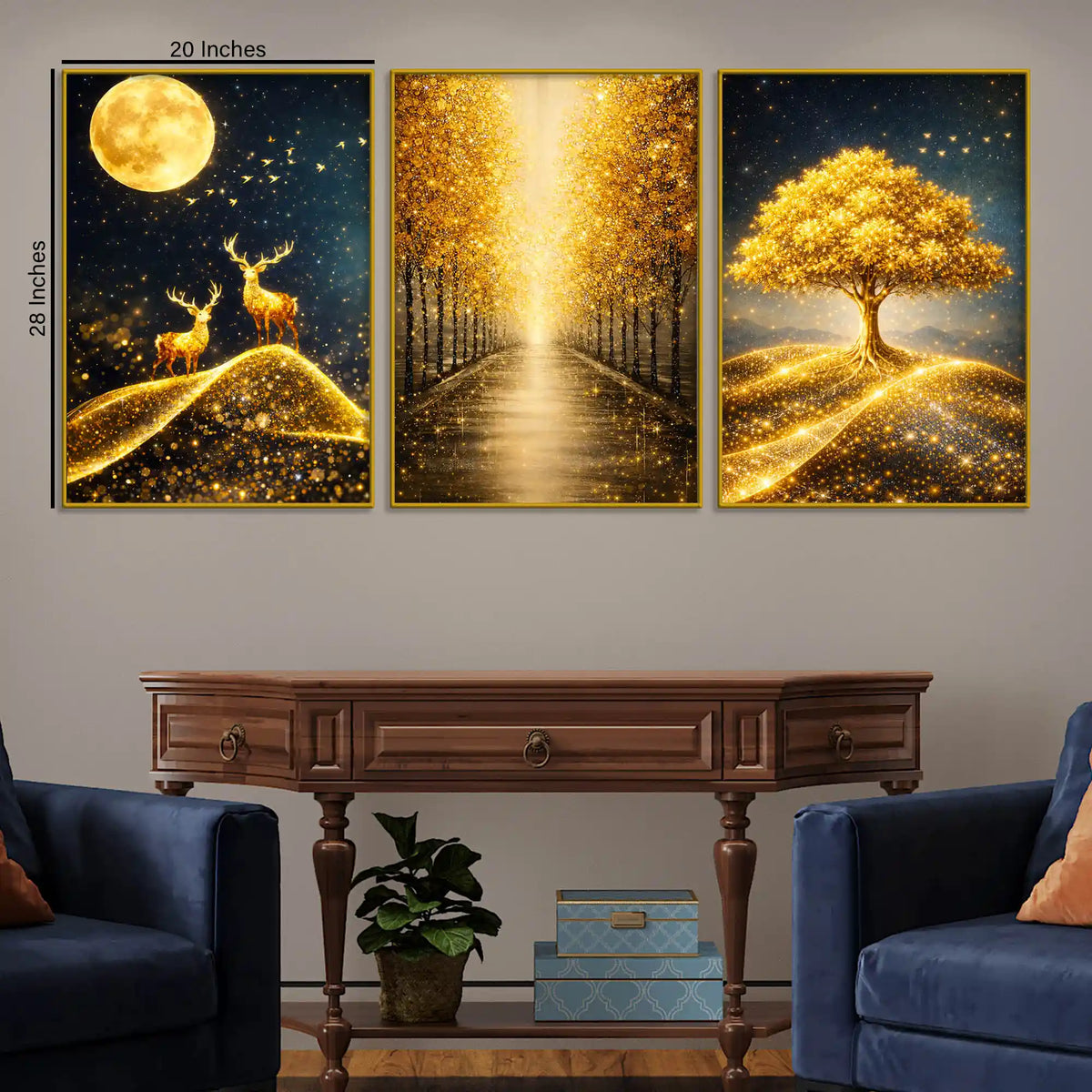 Golden Moon Deer Tree & Forest Path Floating Frame Crystal Wall Painting Set of 3