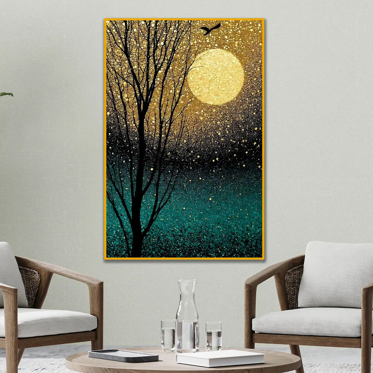 Golden Moonlit Serenity Floating Frame Crystal Wall Painting