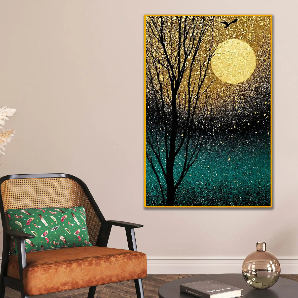 Golden Moonlit Serenity Floating Frame Crystal Wall Painting