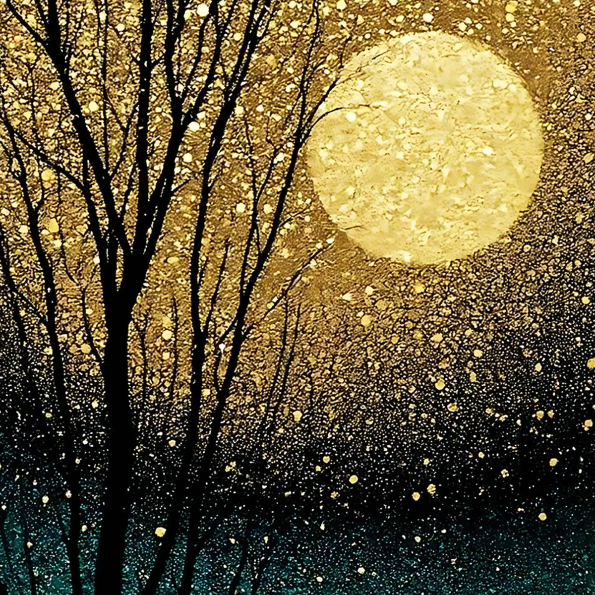 Golden Moonlit Serenity Floating Frame Crystal Wall Painting