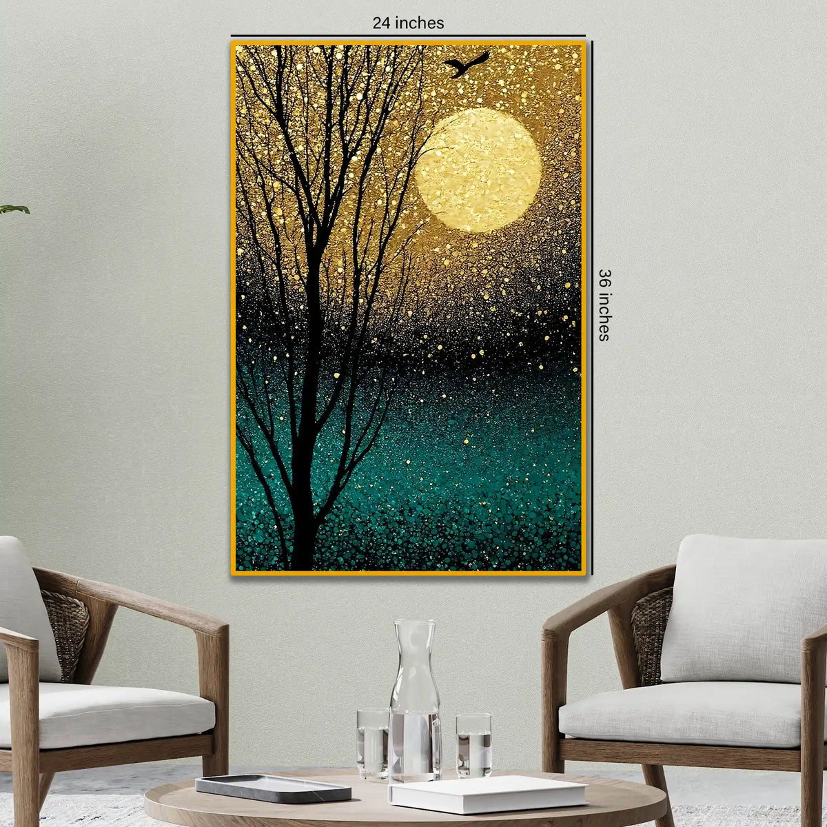 Golden Moonlit Serenity Floating Frame Crystal Wall Painting