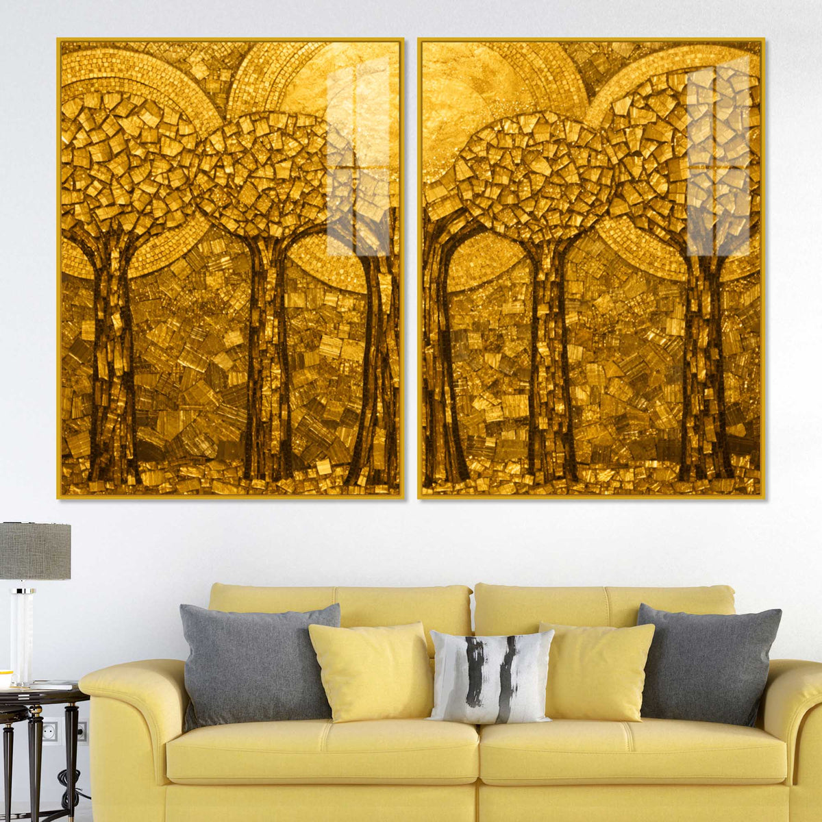 Golden Mosaic Forest Acrylic Floating Wall Painting Set of 2