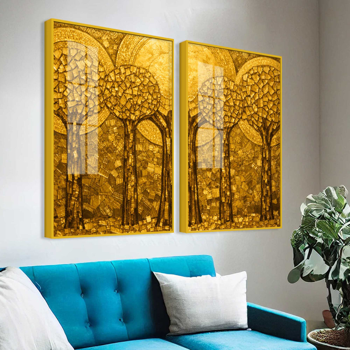 Golden Mosaic Forest Acrylic Floating Wall Painting Set of 2
