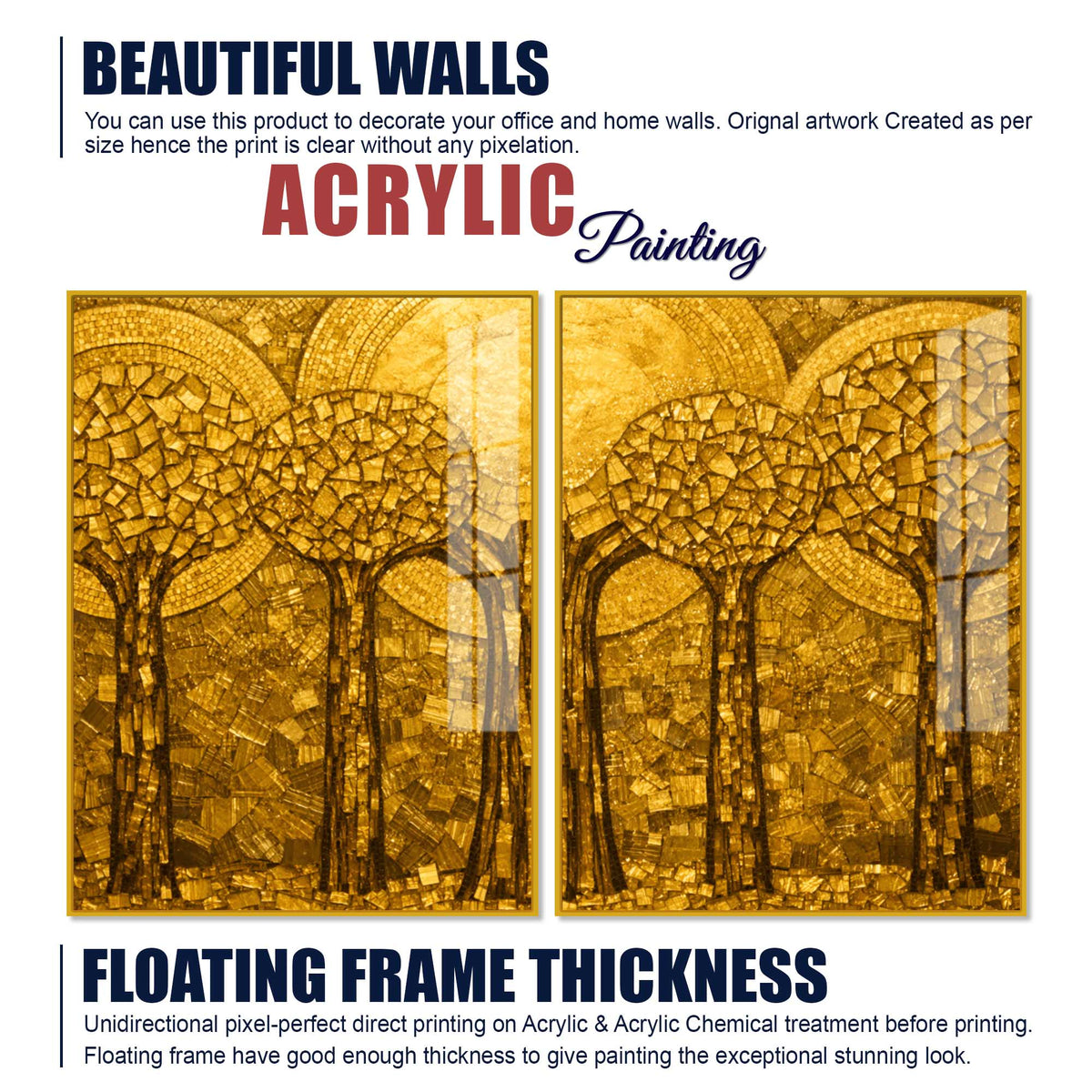 Golden Mosaic Forest Acrylic Floating Wall Painting Set of 2