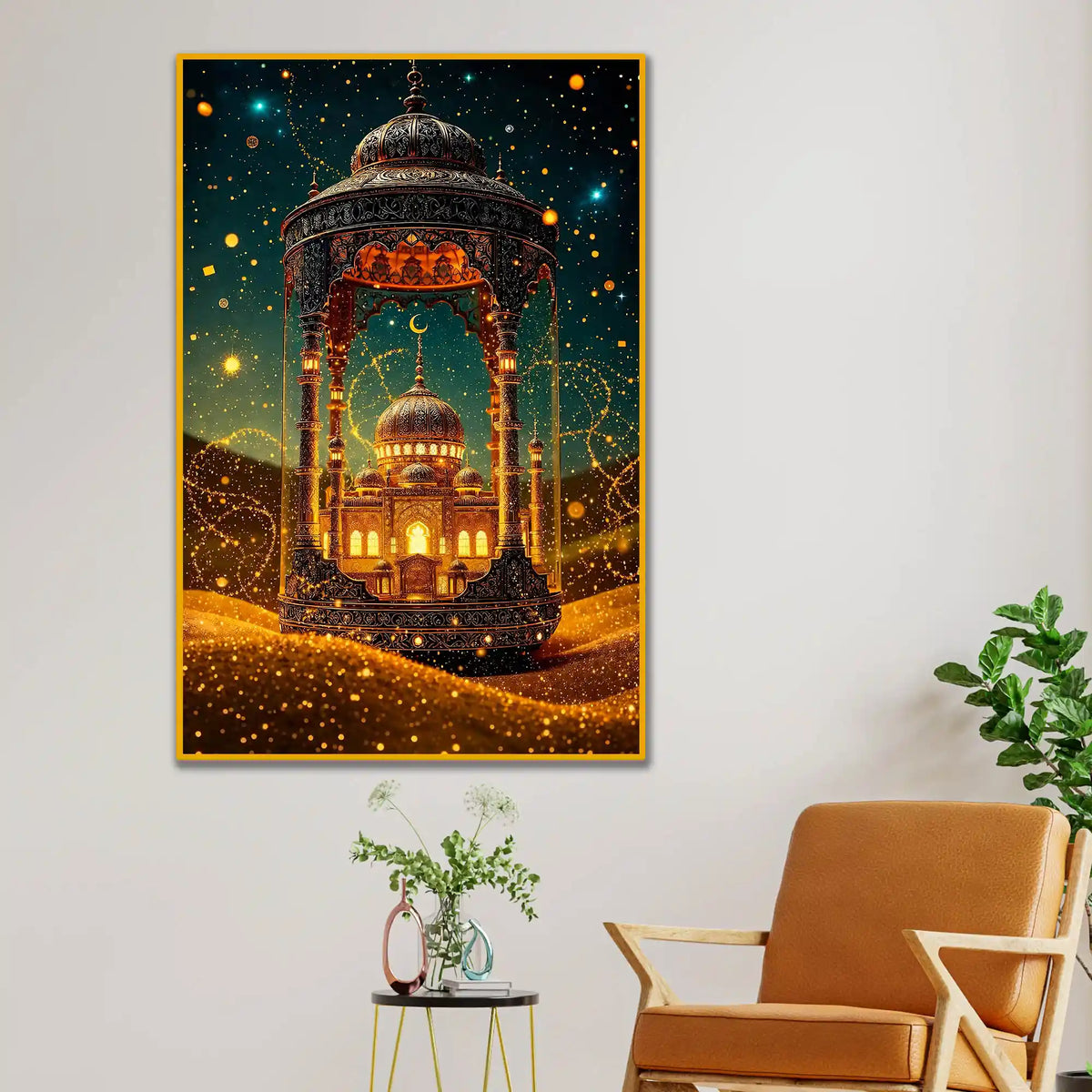 Golden Mosque Dome Floating Frame Crystal Wall Painting
