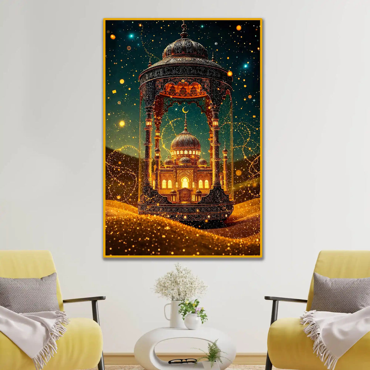 Golden Mosque Dome Floating Frame Crystal Wall Painting