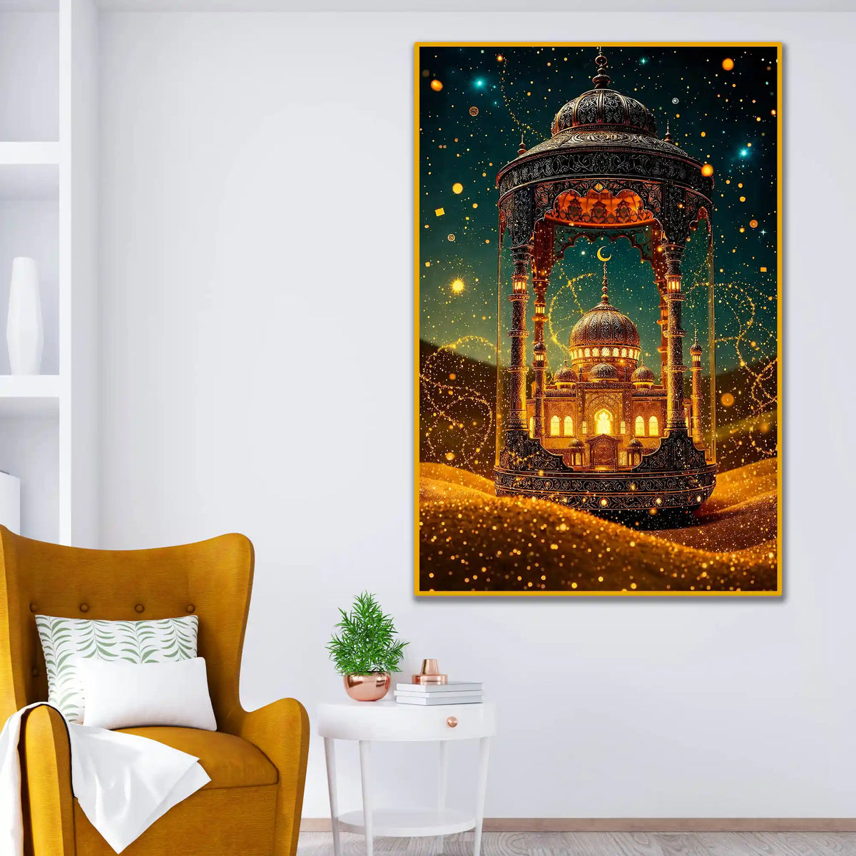 Golden Mosque Dome Floating Frame Crystal Wall Painting