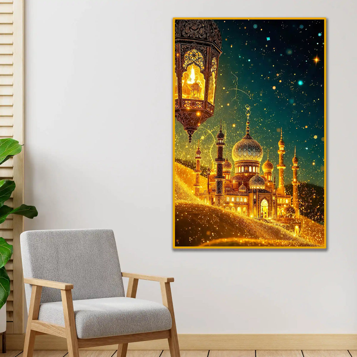 Golden Mosque & Lantern Night Scene Floating Frame Crystal Wall Painting