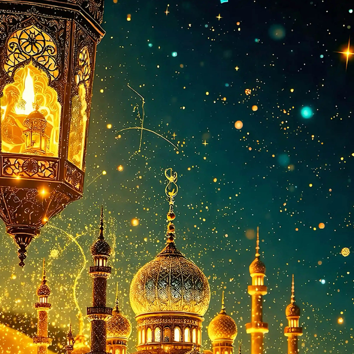 Golden Mosque & Lantern Night Scene Floating Frame Crystal Wall Painting