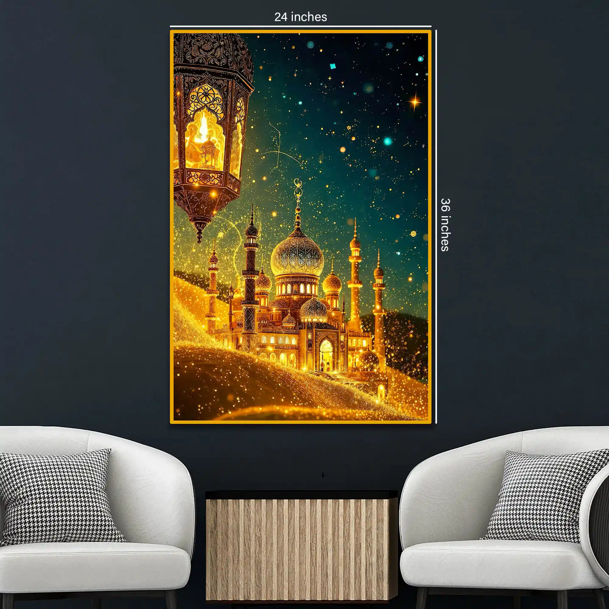 Golden Mosque & Lantern Night Scene Floating Frame Crystal Wall Painting