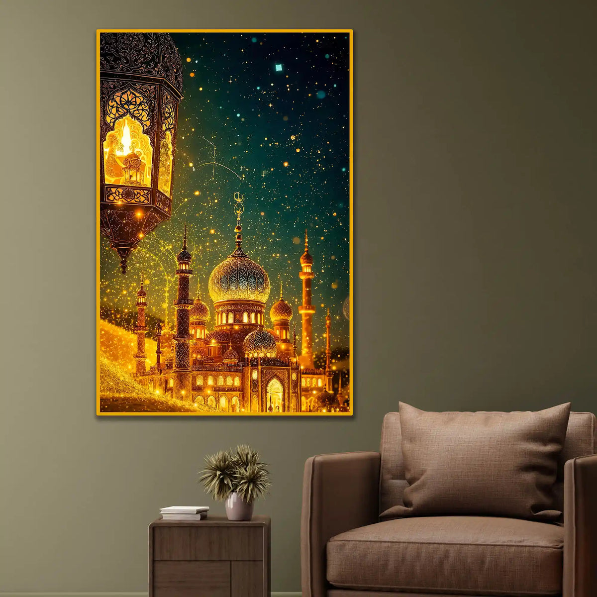 Golden Mosque Night Wall Art Floating Frame Crystal Wall Painting