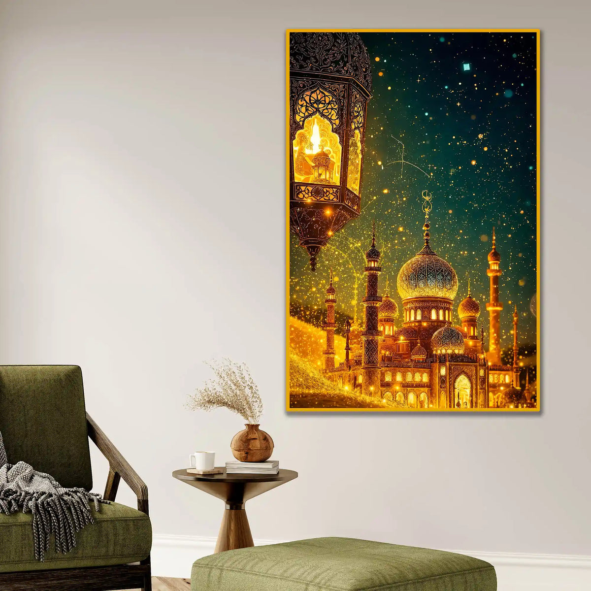 Golden Mosque Night Wall Art Floating Frame Crystal Wall Painting