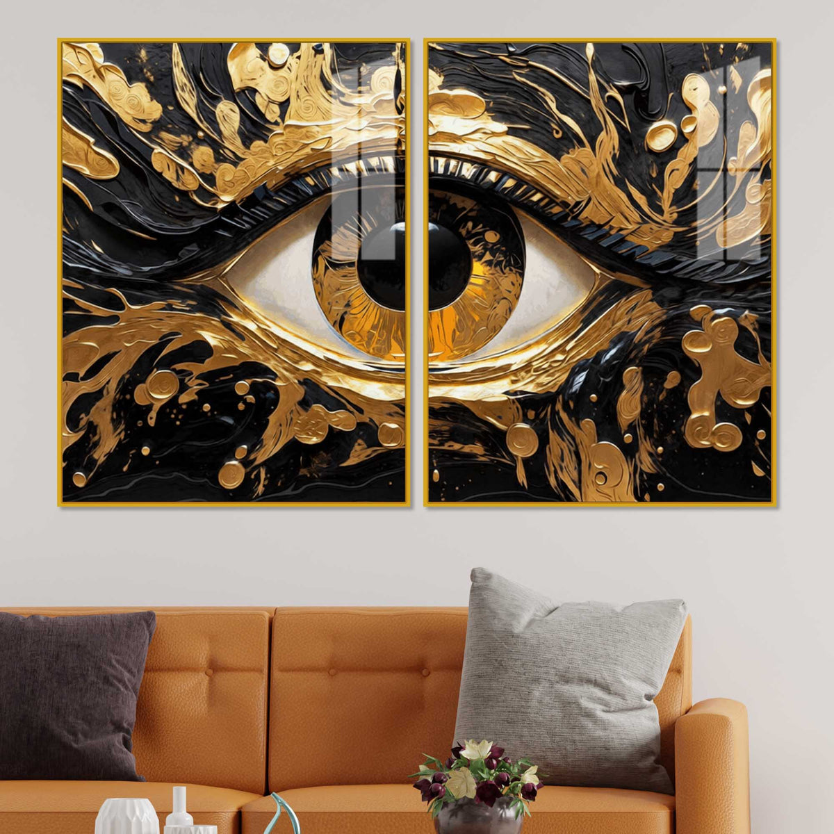Golden Mystic Eye Acrylic Floating Wall Painting Set of 2
