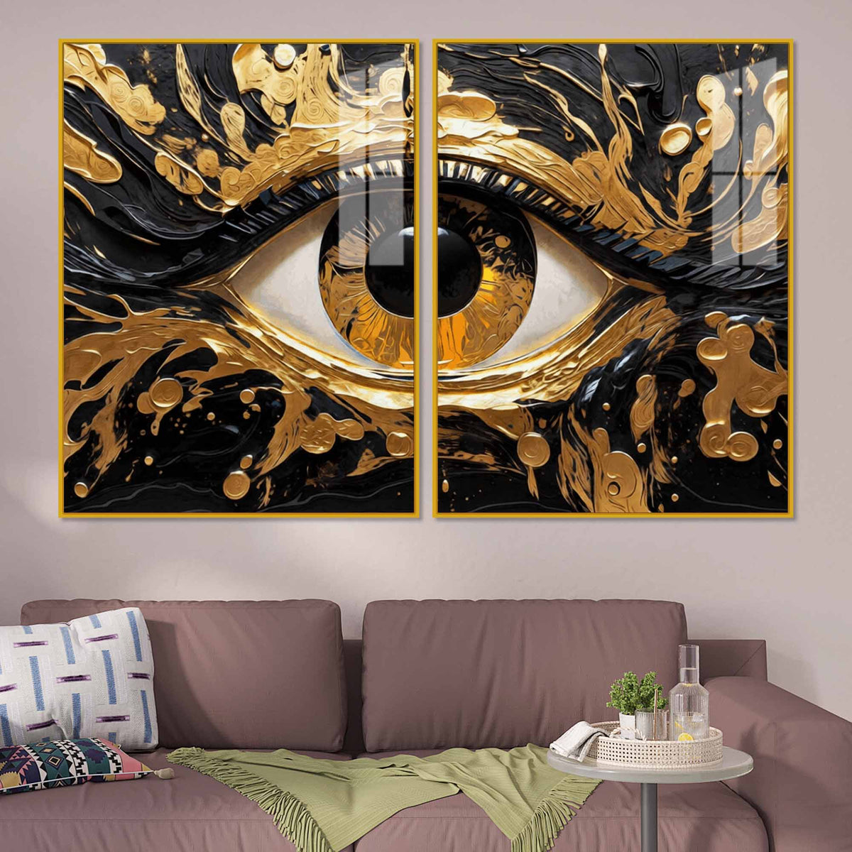 Golden Mystic Eye Acrylic Floating Wall Painting Set of 2