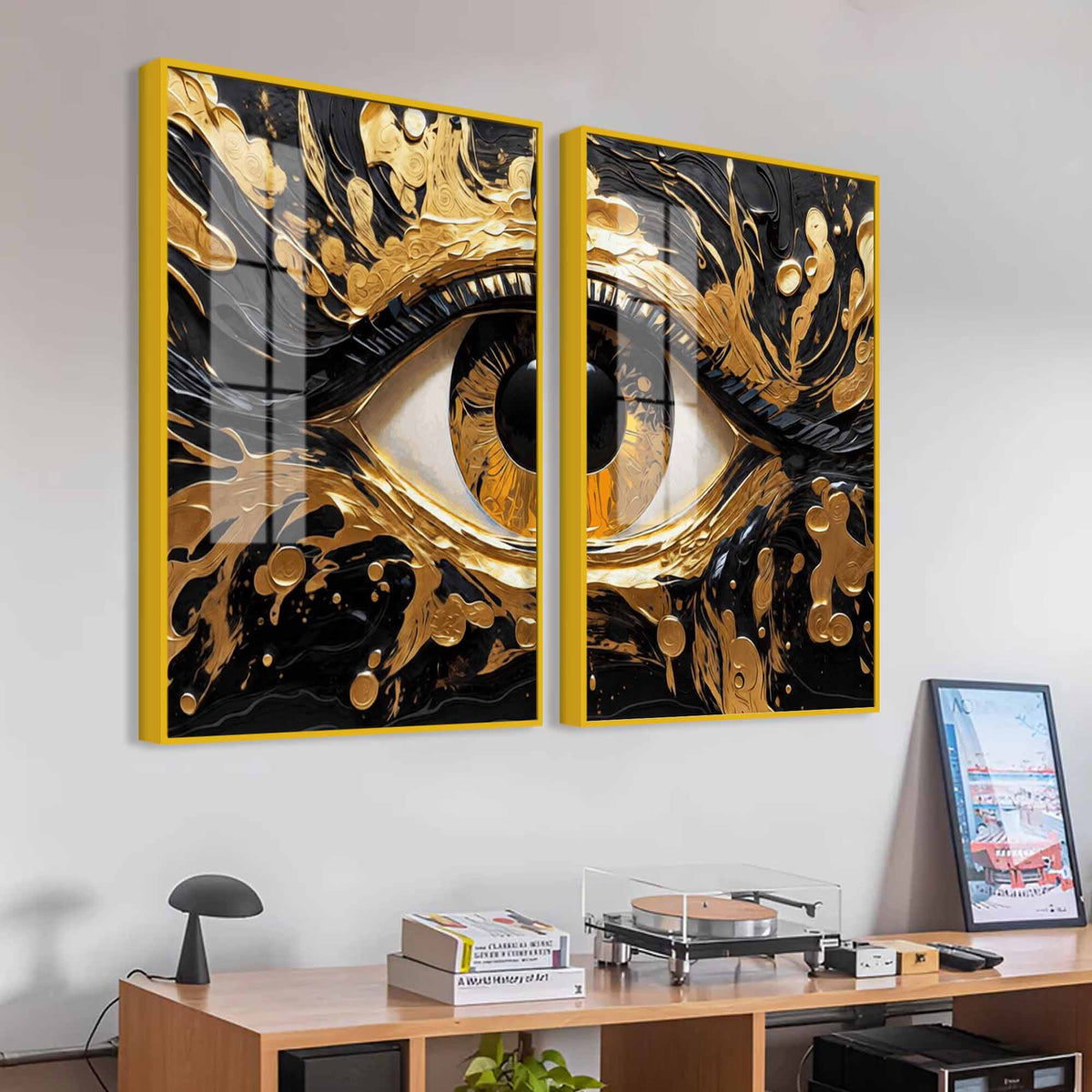 Golden Mystic Eye Acrylic Floating Wall Painting Set of 2