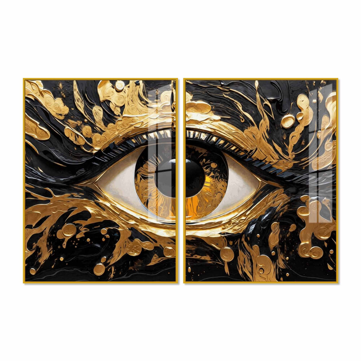 Golden Mystic Eye Acrylic Floating Wall Painting Set of 2