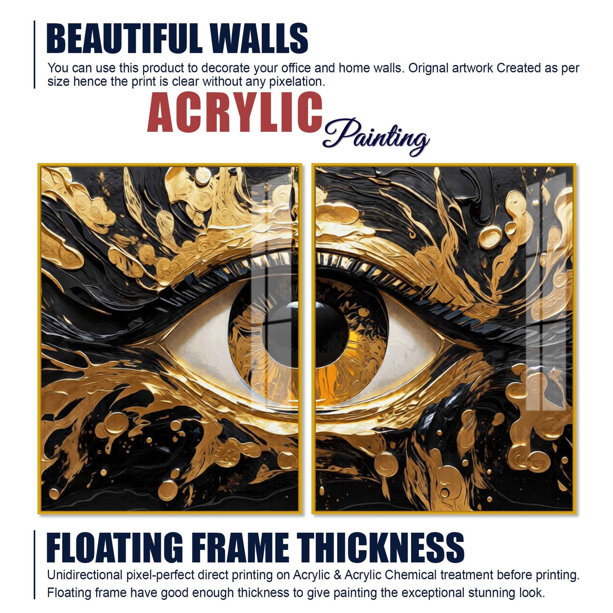 Golden Mystic Eye Acrylic Floating Wall Painting Set of 2