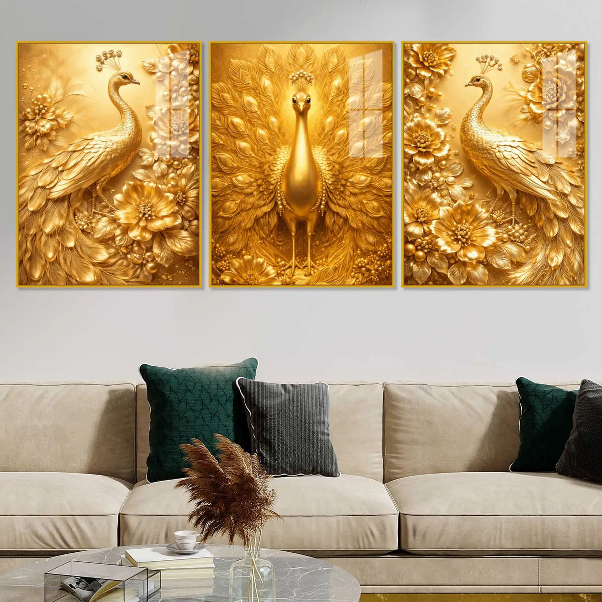 Golden Peacock Floral Floating Acrylic Wall Painting Set of 3