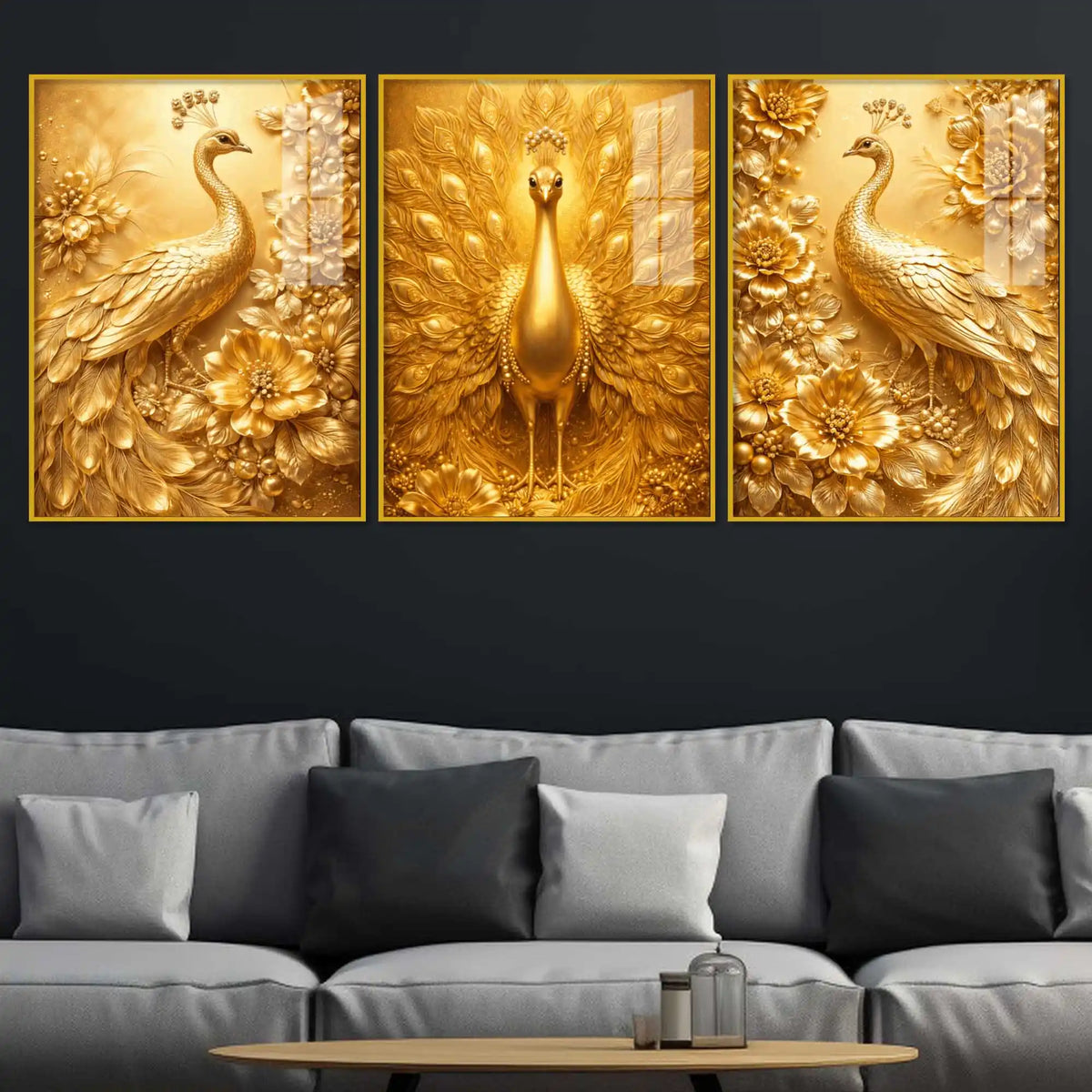 Golden Peacock Floral Floating Acrylic Wall Painting Set of 3