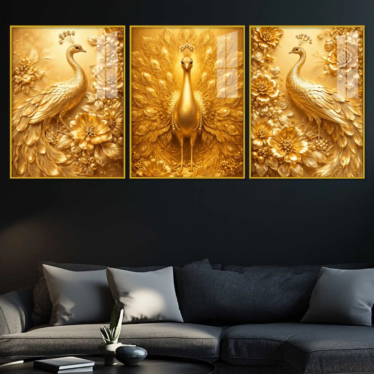 Golden Peacock Floral Floating Acrylic Wall Painting Set of 3