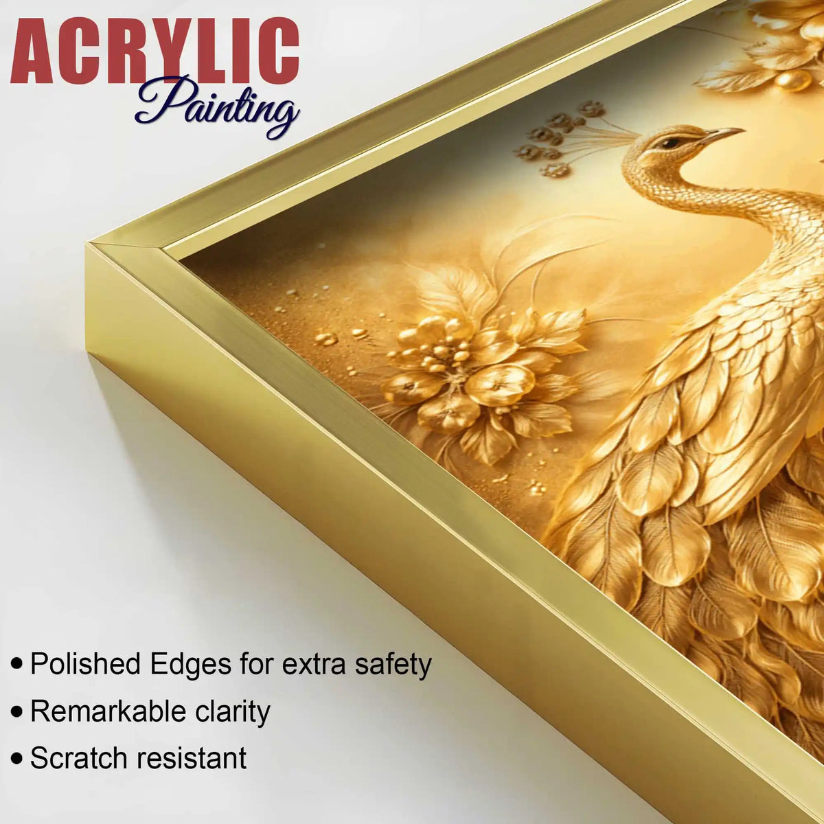 Golden Peacock Floral Floating Acrylic Wall Painting Set of 3
