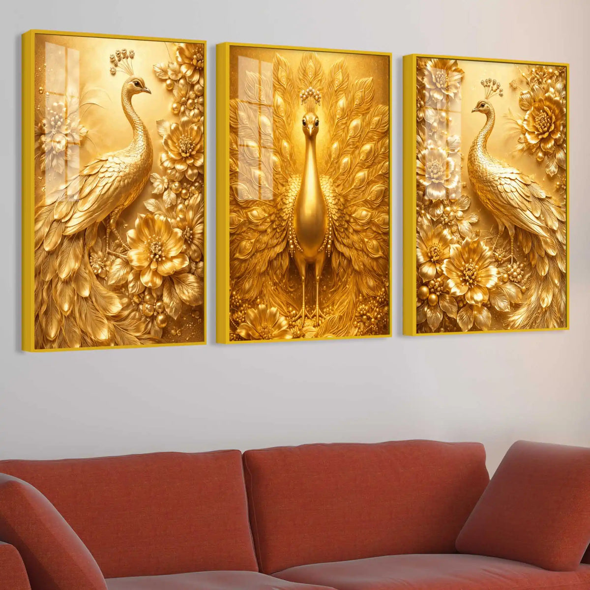 Golden Peacock Floral Floating Acrylic Wall Painting Set of 3