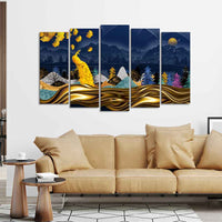 Golden Peacock in Dark Forest Premium Wall Painting Set of 5 Pieces