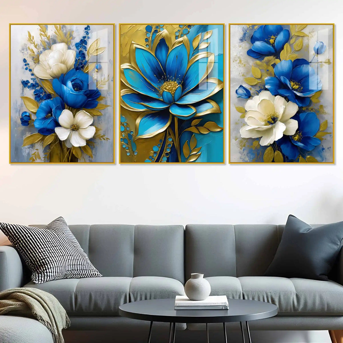 Golden Petal Blossom Artwork Acrylic Floating Frame Wall Painting Set of 3