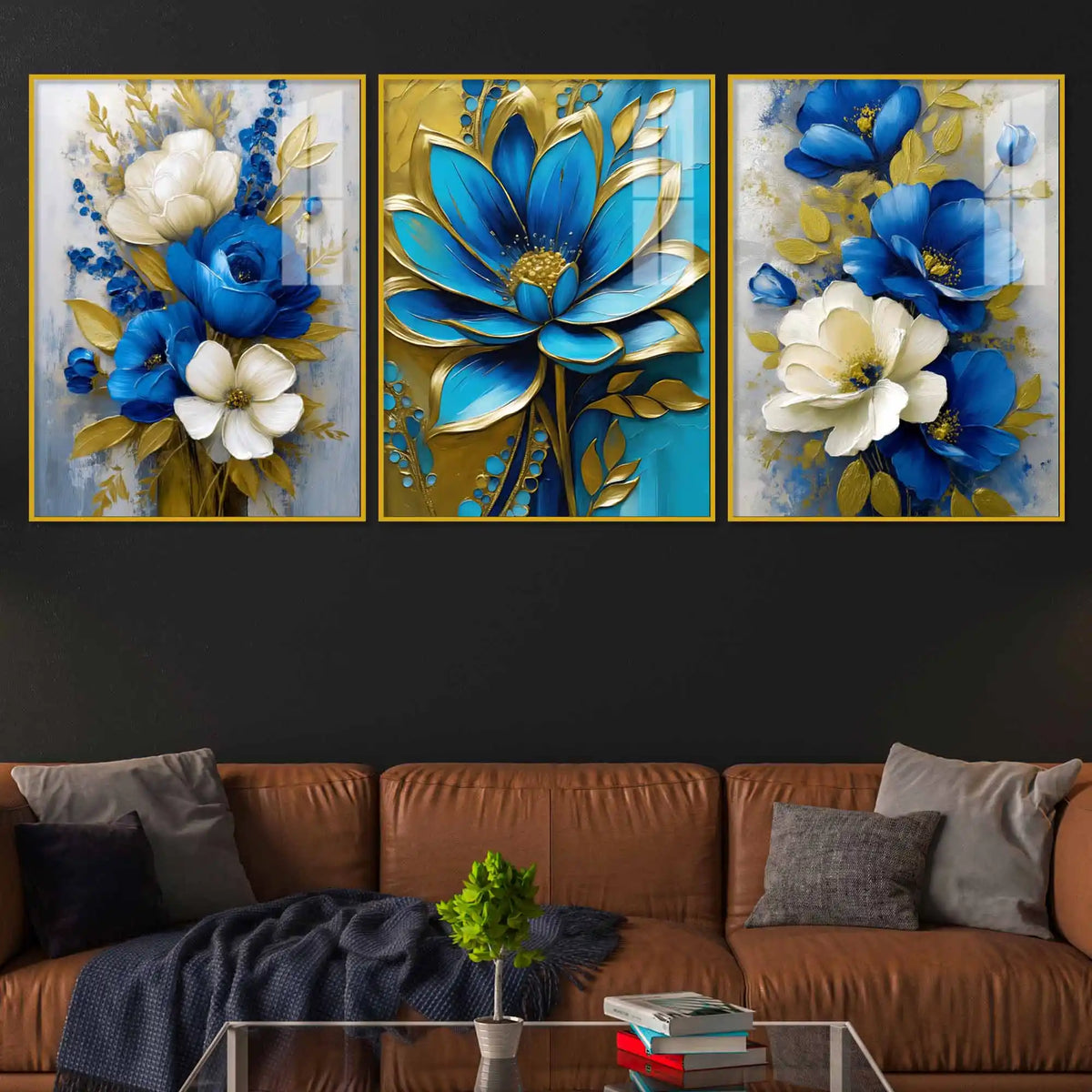 Golden Petal Blossom Artwork Acrylic Floating Frame Wall Painting Set of 3
