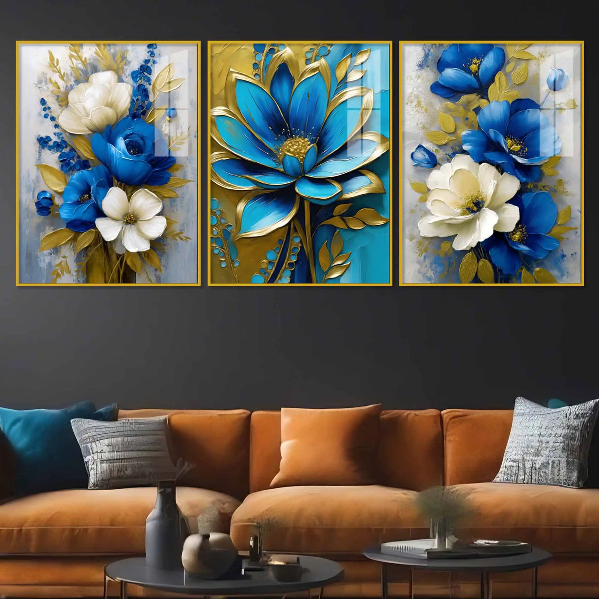 Golden Petal Blossom Artwork Acrylic Floating Frame Wall Painting Set of 3