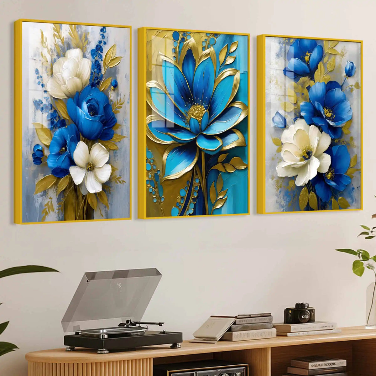 Golden Petal Blossom Artwork Acrylic Floating Frame Wall Painting Set of 3