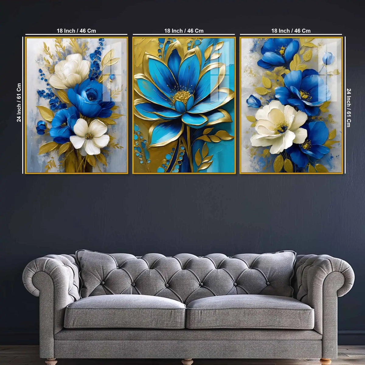 Golden Petal Blossom Artwork Acrylic Floating Frame Wall Painting Set of 3