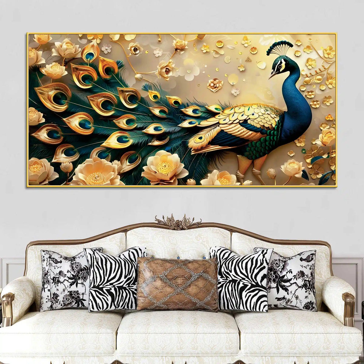 Golden Regal Peacock Surrounded by Golden Flowers Canvas Wall Painting