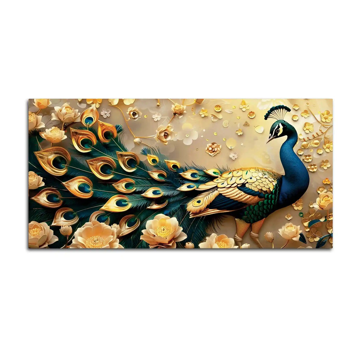 Golden Regal Peacock Surrounded by Golden Flowers Canvas Wall Painting