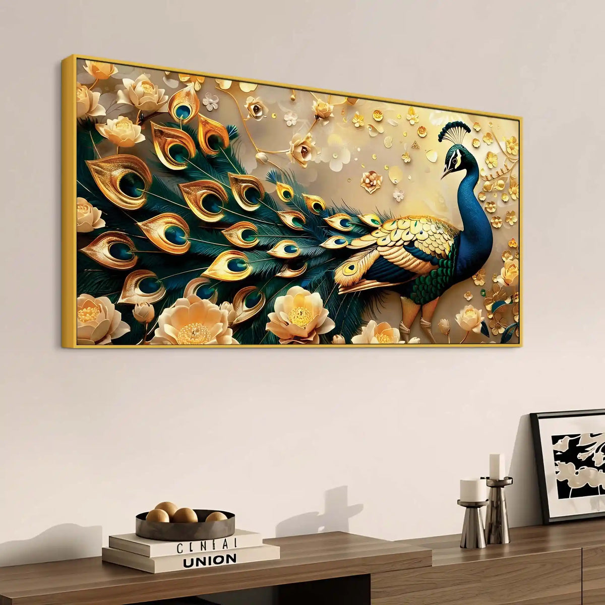 Golden Regal Peacock Surrounded by Golden Flowers Canvas Wall Painting