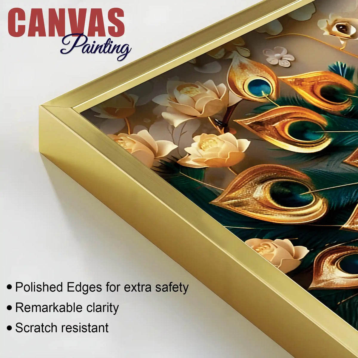 Golden Regal Peacock Surrounded by Golden Flowers Canvas Wall Painting