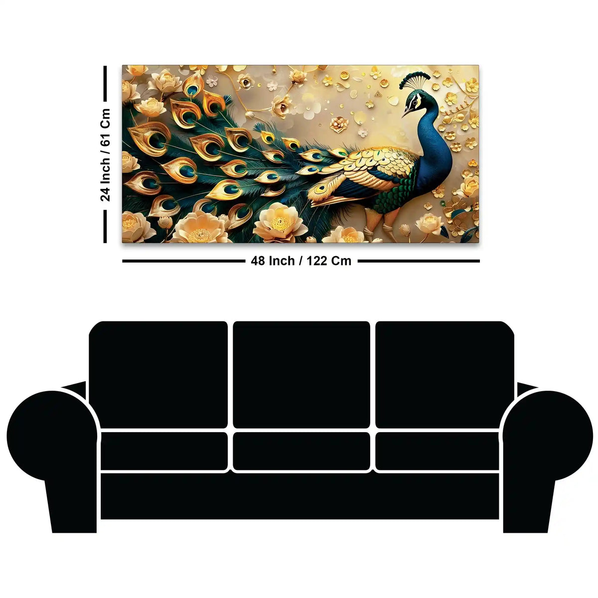Golden Regal Peacock Surrounded by Golden Flowers Canvas Wall Painting
